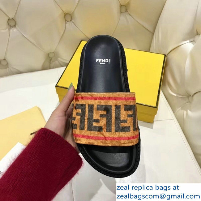 Fendi Slides FF Logo Velvet Brown 2019