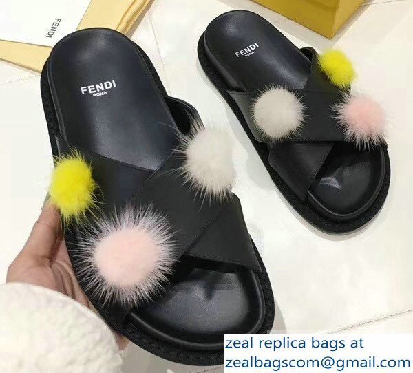 Fendi Slides Mink Pompom Black 2019