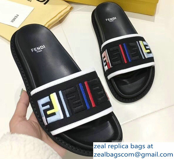 Fendi Slides Multicolour FF Logo Canvas Black 2019 - Click Image to Close