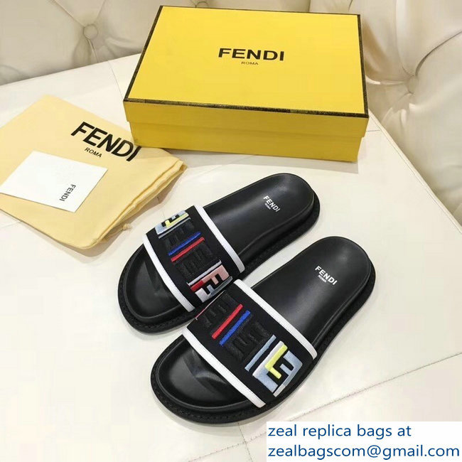 Fendi Slides Multicolour FF Logo Canvas Black 2019
