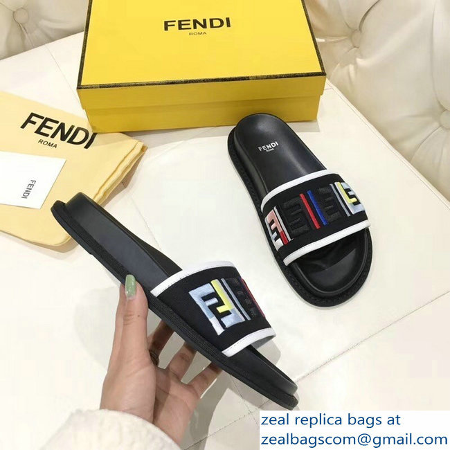 Fendi Slides Multicolour FF Logo Canvas Black 2019