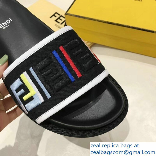 Fendi Slides Multicolour FF Logo Canvas Black 2019