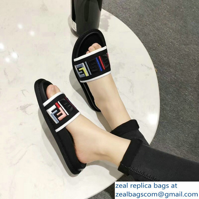 Fendi Slides Multicolour FF Logo Canvas Black 2019 - Click Image to Close