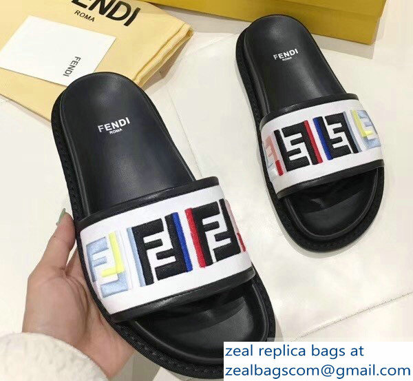 Fendi Slides Multicolour FF Logo Canvas White 2019 - Click Image to Close