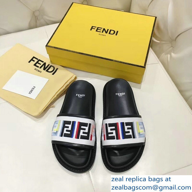 Fendi Slides Multicolour FF Logo Canvas White 2019