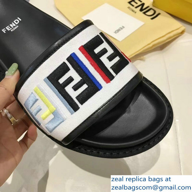 Fendi Slides Multicolour FF Logo Canvas White 2019