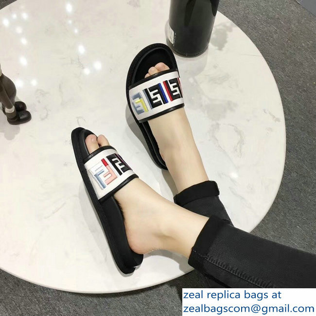 Fendi Slides Multicolour FF Logo Canvas White 2019 - Click Image to Close