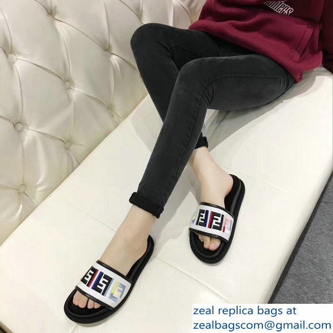 Fendi Slides Multicolour FF Logo Canvas White 2019