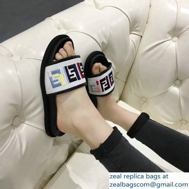 Fendi Slides Multicolour FF Logo Canvas White 2019 - Click Image to Close