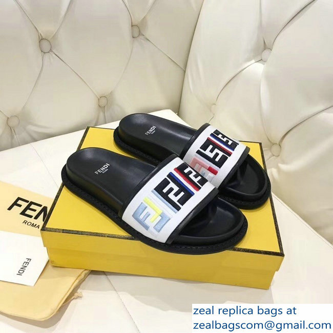 Fendi Slides Multicolour FF Logo Canvas White 2019 - Click Image to Close