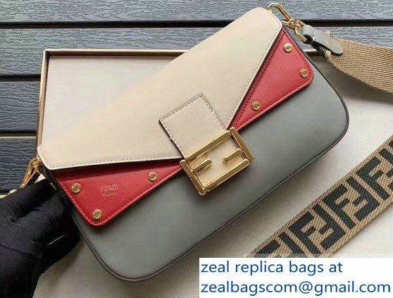 Fendi Studded Baguette Flap Shoulder Bag Beige/Red/Gray 2019