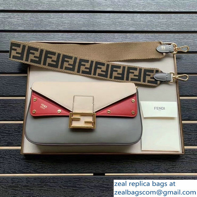 Fendi Studded Baguette Flap Shoulder Bag Beige/Red/Gray 2019 - Click Image to Close