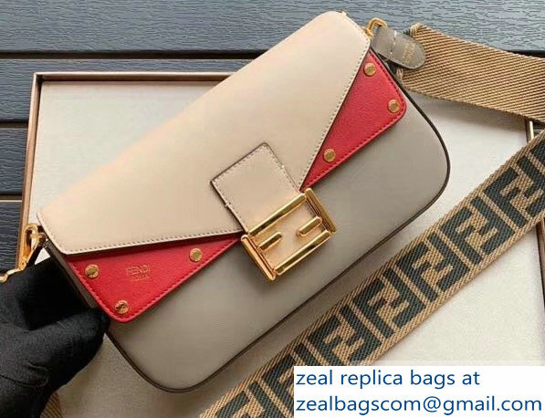 Fendi Studded Baguette Flap Shoulder Bag Beige/Red/Pearl Gray 2019