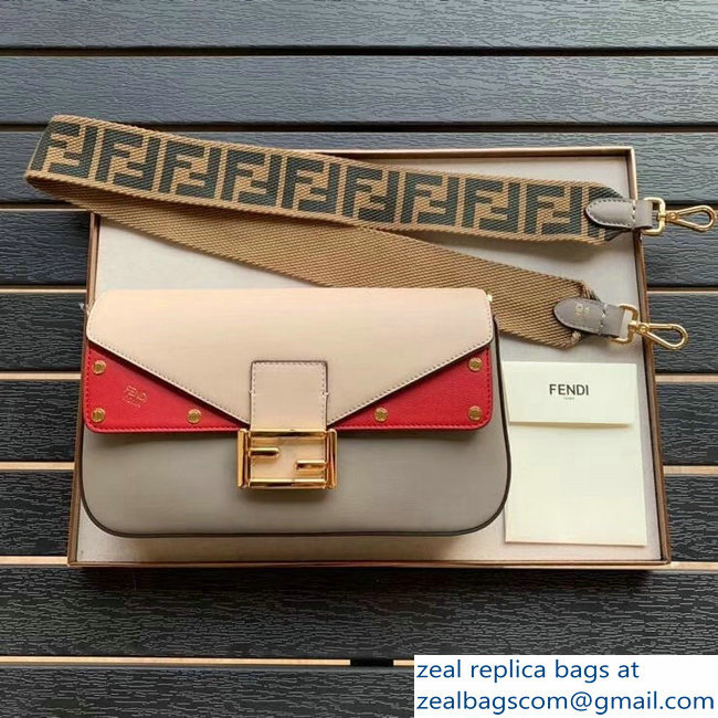 Fendi Studded Baguette Flap Shoulder Bag Beige/Red/Pearl Gray 2019