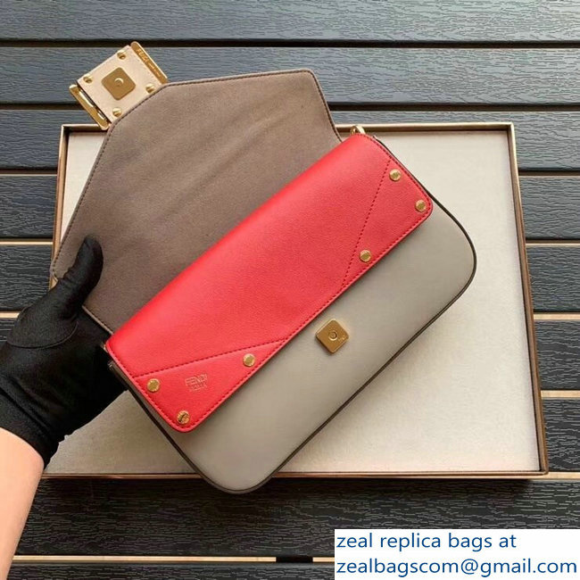 Fendi Studded Baguette Flap Shoulder Bag Beige/Red/Pearl Gray 2019