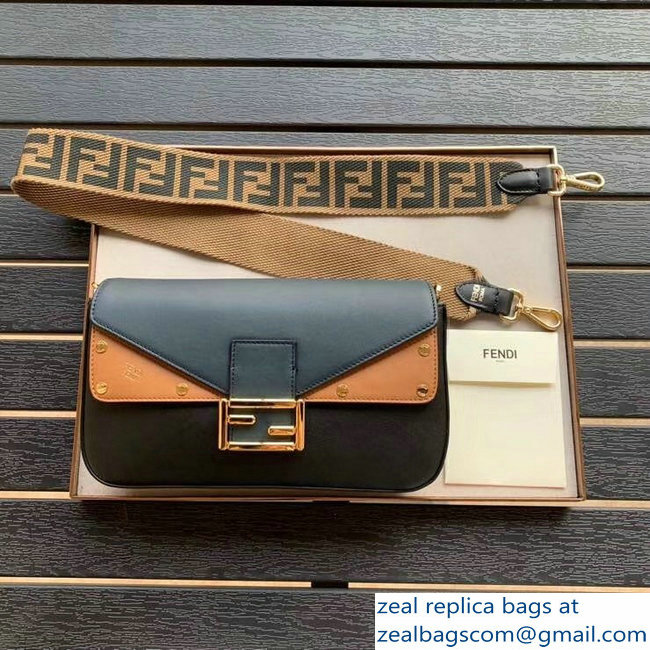 Fendi Studded Baguette Flap Shoulder Bag Blue/Apricot/Black 2019