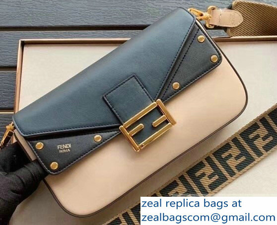Fendi Studded Baguette Flap Shoulder Bag Blue/Black/Beige 2019