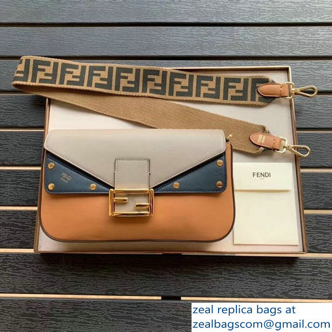 Fendi Studded Baguette Flap Shoulder Bag Pearl Gray/Blue/Apricot 2019