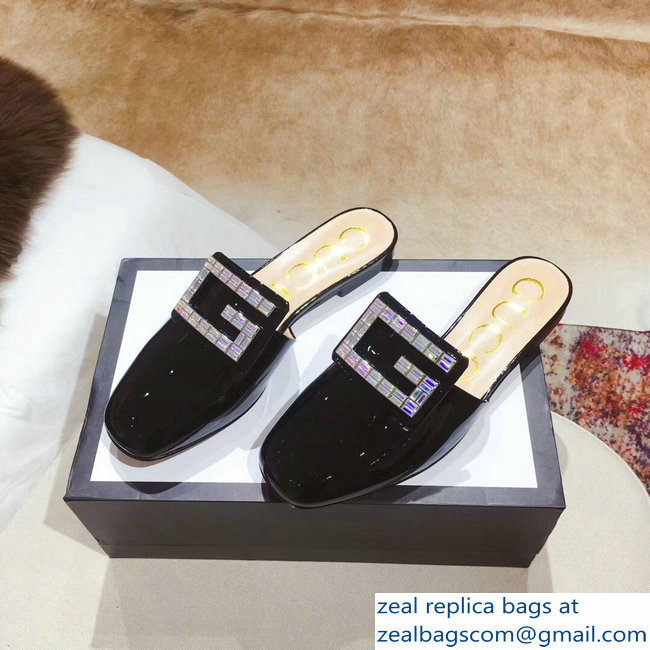 Gucci Crystal G Slipper Patent Black 2019