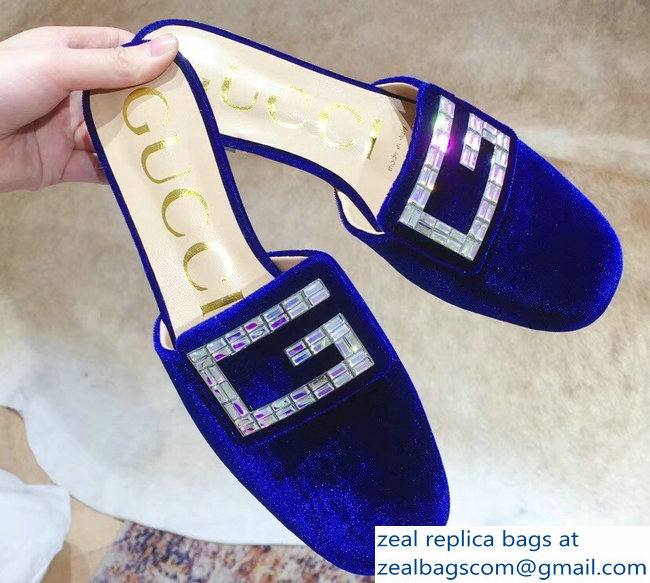 Gucci Crystal G Slipper Velvet Blue 2019 - Click Image to Close