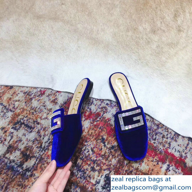 Gucci Crystal G Slipper Velvet Blue 2019