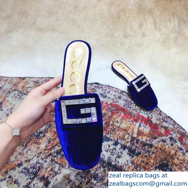 Gucci Crystal G Slipper Velvet Blue 2019