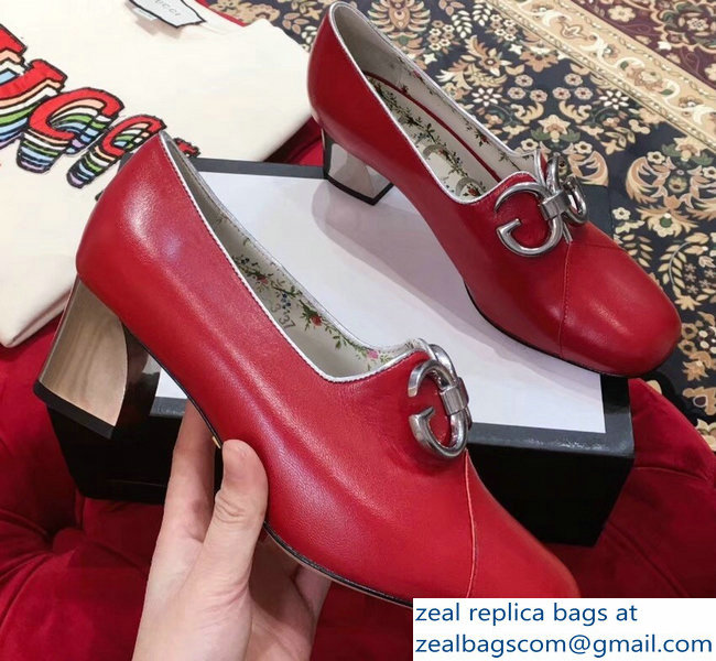 Gucci GG Mirrored Detail Rose Print Mid Heel Pumps Red 2019 - Click Image to Close