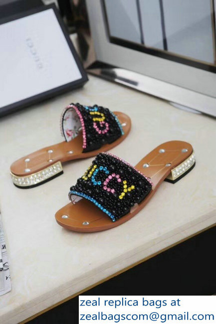 Gucci Guccy Pearl Slide Sandals Black With Crystal Heel 2019