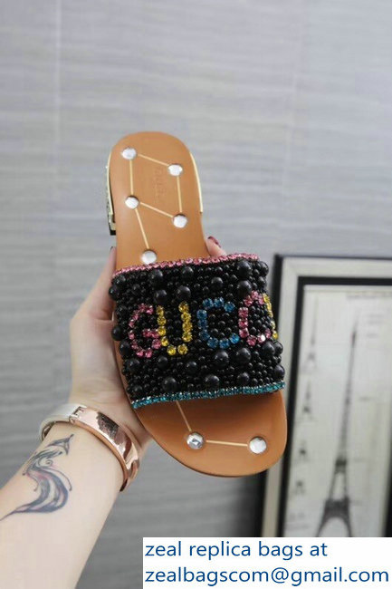 Gucci Guccy Pearl Slide Sandals Black With Crystal Heel 2019 - Click Image to Close