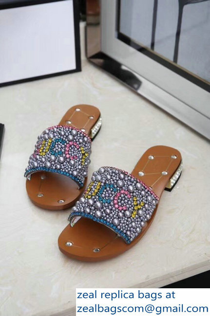 Gucci Guccy Pearl Slide Sandals Gray With Crystal Heel 2019