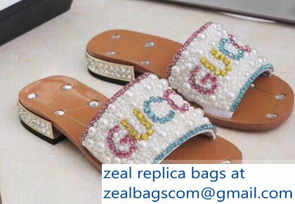 Gucci Guccy Pearl Slide Sandals White With Crystal Heel 2019