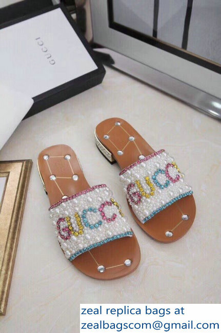 Gucci Guccy Pearl Slide Sandals White With Crystal Heel 2019
