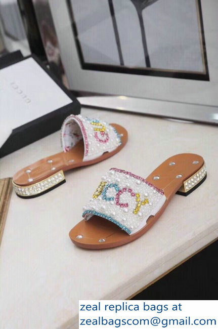 Gucci Guccy Pearl Slide Sandals White With Crystal Heel 2019