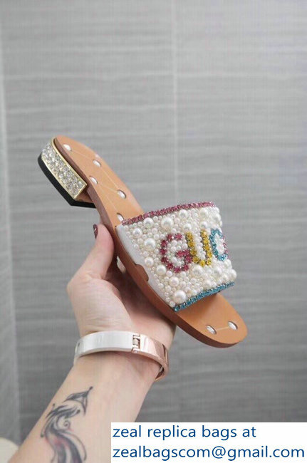 Gucci Guccy Pearl Slide Sandals White With Crystal Heel 2019