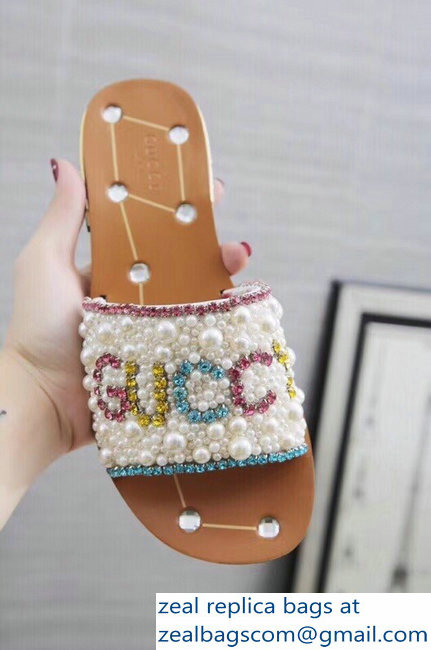Gucci Guccy Pearl Slide Sandals White With Crystal Heel 2019
