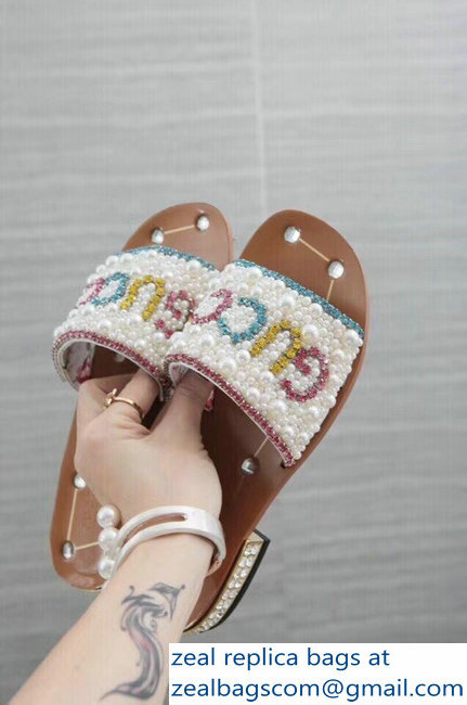Gucci Guccy Pearl Slide Sandals White With Crystal Heel 2019