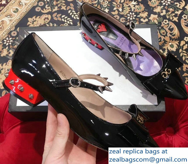 Gucci Heel 2cm Patent Leather Silver-toned Spikes Ballet Pumps with Bow 558097 Black 2019
