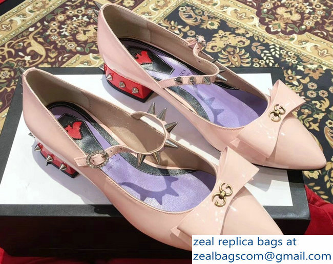 Gucci Heel 2cm Patent Leather Silver-toned Spikes Ballet Pumps with Bow 558097 Nude Pink 2019 - Click Image to Close