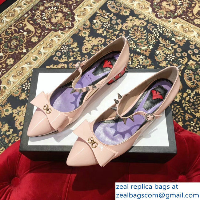 Gucci Heel 2cm Patent Leather Silver-toned Spikes Ballet Pumps with Bow 558097 Nude Pink 2019
