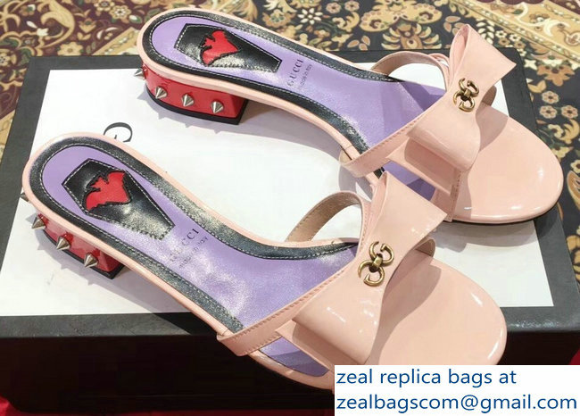 Gucci Heel 2cm Patent Leather Silver-toned Spikes Mules with Bow Nude Pink 2019