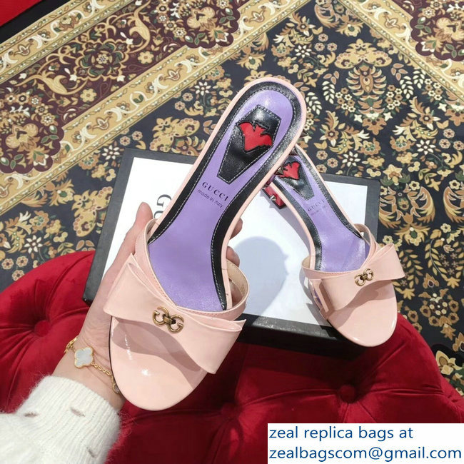 Gucci Heel 2cm Patent Leather Silver-toned Spikes Mules with Bow Nude Pink 2019 - Click Image to Close