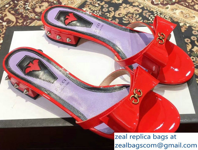 Gucci Heel 2cm Patent Leather Silver-toned Spikes Mules with Bow Red 2019