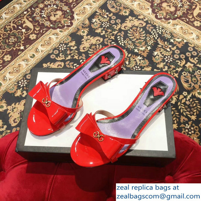 Gucci Heel 2cm Patent Leather Silver-toned Spikes Mules with Bow Red 2019 - Click Image to Close