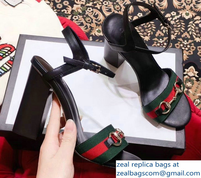 Gucci Heel 6.5cm/10.5cm Web Horsebit Fabric and Leather Sandals Black 2019