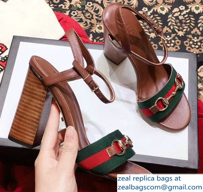 Gucci Heel 6.5cm/10.5cm Web Horsebit Fabric and Leather Sandals Brown 2019