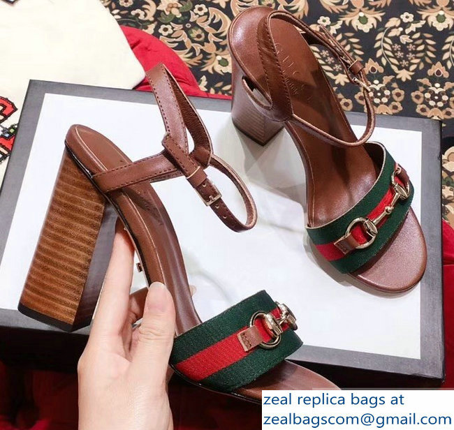 Gucci Heel 6.5cm/10.5cm Web Horsebit Fabric and Leather Sandals Brown 2019 - Click Image to Close