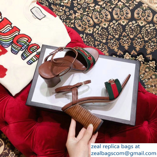 Gucci Heel 6.5cm/10.5cm Web Horsebit Fabric and Leather Sandals Brown 2019 - Click Image to Close