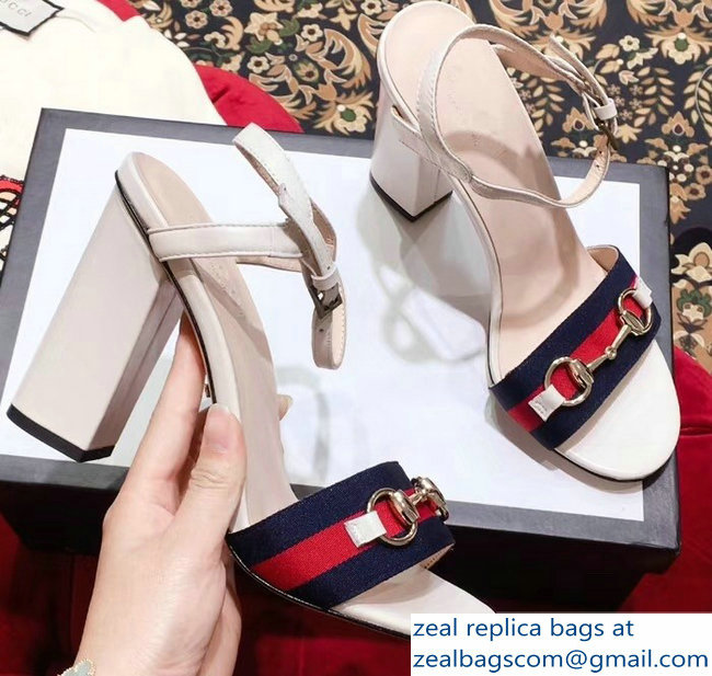 Gucci Heel 6.5cm/10.5cm Web Horsebit Fabric and Leather Sandals White 2019 - Click Image to Close