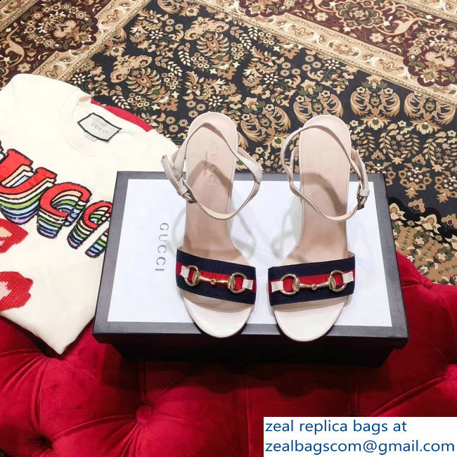 Gucci Heel 6.5cm/10.5cm Web Horsebit Fabric and Leather Sandals White 2019 - Click Image to Close