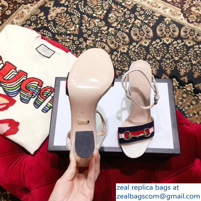 Gucci Heel 6.5cm/10.5cm Web Horsebit Fabric and Leather Sandals White 2019 - Click Image to Close